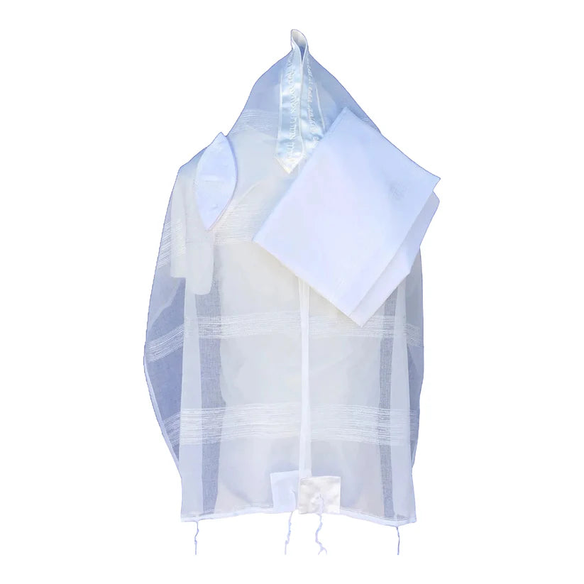 Tallit - White Chiffon w/ Woven Lines