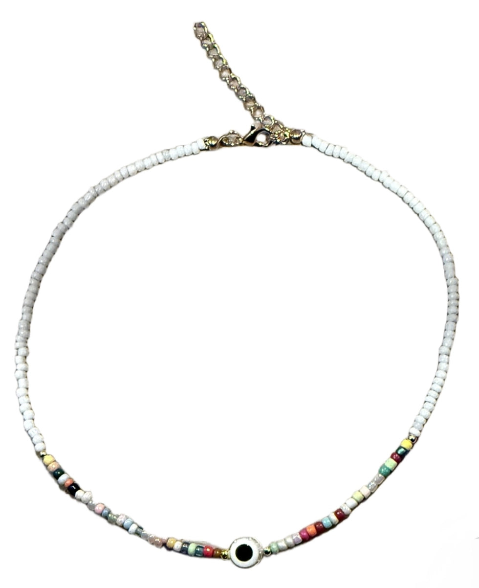 Necklace - Beaded Evil Eye Choker - White