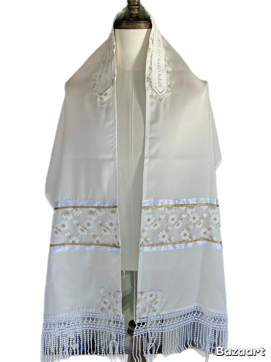 Tallit - Golden Flowers with White Stripes