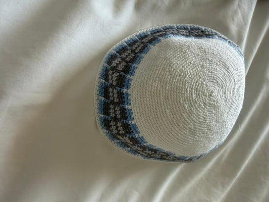 Kippah - Woven (White with Blue and Gray)