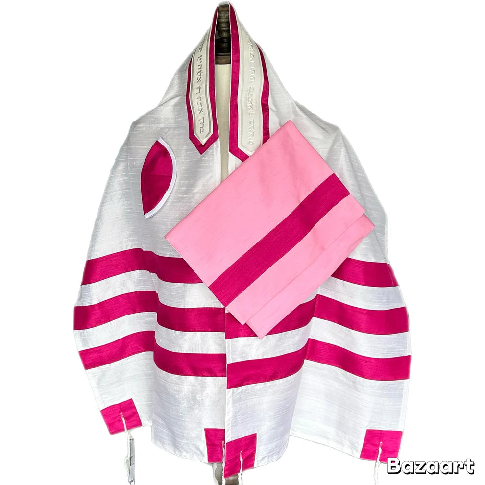 Tallit - Raw Silk with Fuschia Stripes
