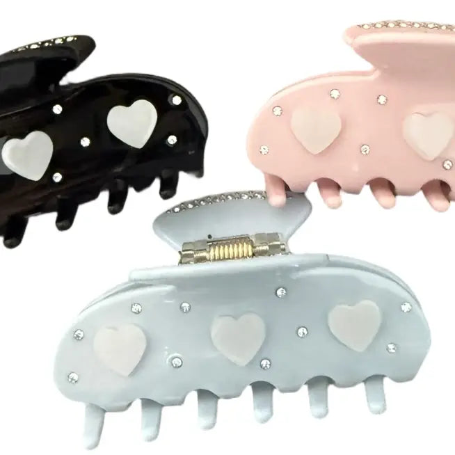 Hairclips -Pearlized Triple Heart with Rhinestones