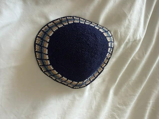 Kippah - Woven (Navy with Beige and Blue)