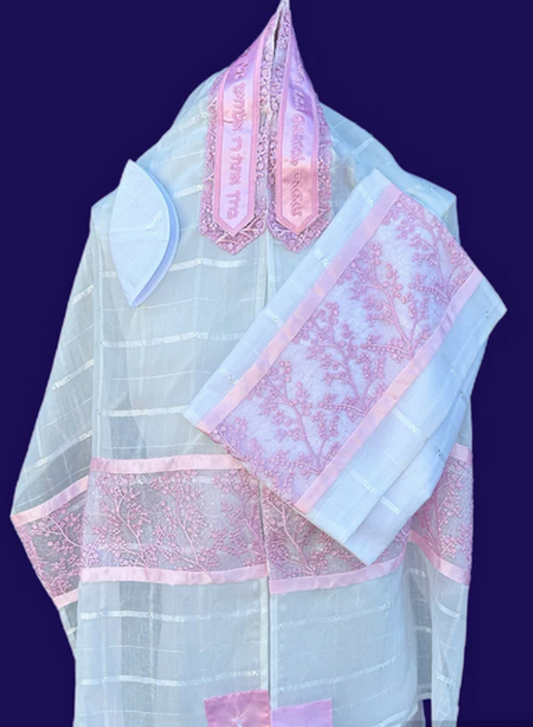Tallit - White Chiffon with Pink Lace
