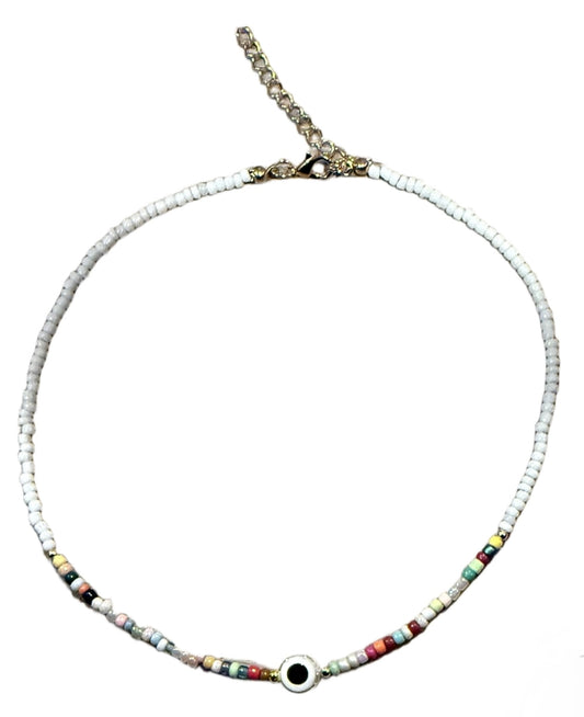 Necklace - Beaded Evil Eye Choker - White